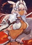  1girl absurdres animal_ears armor black_hairband blue_eyes breasts caenis_(fate) cleavage commentary_request dark_skin eyebrows_visible_through_hair fate/grand_order fate_(series) gu_li hairband highres holding_shield long_hair looking_at_viewer shield shoulder_plates smile solo sword tattoo weapon white_hair 