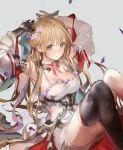  1girl armpits arms_behind_head bare_shoulders black_eyes blush boots breasts brown_hair commentary detached_sleeves dionne_dancing_blade flower gauntlets hair_flower hair_ornament liiko long_hair looking_at_viewer medium_breasts miniskirt purple_flower shadowverse simple_background single_boot sitting sketch skirt smile solo thigh_boots thighhighs 