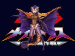  1girl absurdres bat_wings blonde_hair bodysuit boots copyright_name dragon_girl gloves godzilla_(series) highres jiaohougen kaijuu long_hair megaguirus monster_girl multicolored_hair official_art open_mouth purple_hair red_eyes solo two-tone_hair wings 