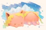  blue_sky blush_stickers closed_eyes cloud commentary_request full_body gen_2_pokemon hoppip manino_(mofuritaionaka) no_humans pokemon pokemon_(creature) signature sky sleeping u_u 