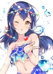  1girl bangs bare_shoulders bikini blown_kiss blue_bikini blue_hair commentary_request eyebrows_visible_through_hair hair_between_eyes hair_ornament heart jewelry long_hair looking_at_viewer love_live! love_live!_school_idol_festival love_live!_school_idol_project navel one_eye_closed simple_background smile solo sonoda_umi sunya_(honorin-yuunibo) swimsuit white_background yellow_eyes 