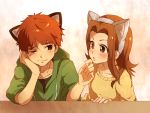  1boy 1girl animal_ears blush brown_eyes brown_hair cat_ears closed_mouth commentary_request digimon digimon_adventure eye_contact hetero izumi_koushirou long_hair looking_at_another mimxxpk shirt simple_background tachikawa_mimi 
