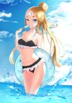  1girl abigail_williams_(fate/grand_order) absurdres arm_behind_back bangs bare_arms bare_shoulders bikini black_bikini blonde_hair blue_eyes bow breasts cleavage cloud collarbone fate/grand_order fate_(series) hair_bun highres holding ice innertube long_hair looking_at_viewer navel outdoors parted_bangs small_breasts solo standing swimsuit water white_bikini 