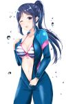  1girl bikini_top blue_hair blush breasts collarbone highres large_breasts long_hair looking_at_viewer love_live! love_live!_sunshine!! matsuura_kanan morerin navel one_eye_closed ponytail purple_eyes simple_background smile solo striped_bikini_top underboob unzipped water_drop wetsuit white_background zipper 