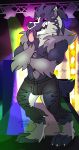  2019 absurd_res anthro black_fur blue_eyes bulge canid canine canis claws clothed clothing concert digital_media_(artwork) fur hair hi_res lights looking_at_viewer male mammal muscular muscular_male mustelid nintendo nipple_piercing nipples obstagoon open_mouth piercing pok&eacute;mon pok&eacute;mon_(species) smile solo stage standing sylvanedadeer teeth tongue tongue_out torn_clothing video_games white_fur 