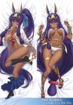  1girl alternate_costume animal_ears areola_slip areolae ass bangs belly_chain black_legwear blue_skirt blush bracelet breasts casual closed_mouth collared_shirt commentary_request contemporary dakimakura dark_skin dress_shirt earrings egyptian_clothes facepaint facial_mark fate/grand_order fate_(series) hair_between_eyes hair_tubes hairband highres hoop_earrings jackal_ears jewelry kneehighs legs long_hair long_sleeves looking_at_viewer low-tied_long_hair medium_breasts multiple_views navel necktie nitocris_(fate/grand_order) open_clothes open_shirt plaid plaid_skirt pleated_skirt ponytail purple_eyes purple_hair shirt sidelocks skirt smile thighlet thighs tonee underboob usekh_collar very_long_hair white_shirt 