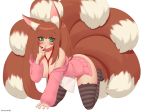  1girl all_fours animal_ear_fluff animal_ears artist_name bangs bare_shoulders between_breasts blush borrowed_character breasts brown_hair cardigan collarbone commentary commission english_commentary eyebrows_visible_through_hair finger_to_mouth fox_ears fox_girl fox_tail full_body green_eyes kuroonehalf long_hair looking_at_viewer multiple_tails necktie necktie_between_breasts off_shoulder open_cardigan open_clothes open_shirt original pink_cardigan plushmallow red_neckwear smile solo striped striped_legwear tail thighhighs twintails uneven_twintails very_long_hair 