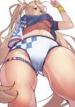  1girl 55level arm_up ass_visible_through_thighs bangs blonde_hair blue_eyes body_writing bra bradamante_(fate/grand_order) braid breasts cameltoe commentary_request copyright_name crown_braid fate/grand_order fate_(series) fist_pump french_braid hair_between_eyes highres long_hair looking_to_the_side navel race_queen shirt short_sleeves smile solo stomach thigh_strap thighs twintails underboob underwear very_long_hair wristband 