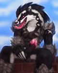  anthro balls black_fur bodily_fluids claws drooling fur humanoid_penis looking_at_viewer male mammal milkwyvern mustelid nintendo nude obstagoon penis pok&eacute;mon pok&eacute;mon_(species) red_eyes saliva solo teeth tongue tongue_out video_games 