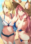  2girls animal_ear_fluff animal_ears beach bikini blonde_hair blue_bikini blush breasts cleavage commentary_request fate/grand_order fate_(series) feet_out_of_frame front-tie_bikini front-tie_top green_eyes hand_on_hip hat highres holding_surfboard jacket large_breasts long_hair looking_at_viewer looking_to_the_side micro_shorts mordred_(fate) mordred_(fate)_(all) multiple_girls navel pink_hair ponytail sakimiya_mafu scrunchie shorts side-tie_bikini straw_hat surfboard swimsuit tamamo_(fate)_(all) tamamo_no_mae_(fate) tamamo_no_mae_(swimsuit_lancer)_(fate) thighs water yellow_eyes 