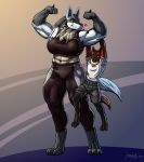  &lt;3 absurd_res anthro camel_toe clothed clothing duo female flexing greasymojo hi_res larger_female lucario male muscular muscular_female nintendo pok&eacute;mon pok&eacute;mon_(species) size_difference smile standing tight_clothing video_games 