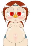  animal_humanoid avian avian_humanoid beak bedroom_eyes belly big_belly bluelimelight blush brown_hair clothed clothing female flat_chested hair half-closed_eyes humanoid humanoid_pointy_ears medli nintendo nipples nose_beak nude pregnant red_eyes rito seductive simple_background smile solo the_legend_of_zelda video_games wind_waker young 