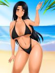  1girl artist_request beach bikini bikini_top black_hair black_swimsuit breasts brown_eyes catarina_(date_crush_stories) copyright_request dark_skin date_crush_stories game_cg hand_up highleg highleg_bikini highleg_bikini_bottom highres large_breasts long_hair looking_at_viewer ocean one_eye_closed outdoors palm_leaf palm_tree sand shiny shiny_hair shiny_skin smile solo standing strap_gap string_bikini string_bra swimsuit thighs tree underboob 