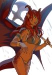  5_fingers animal_humanoid clothed clothing dragon dragon_humanoid female fingers hair hi_res holding_object holding_weapon humanoid jay-kuro membrane_(anatomy) membranous_wings midriff navel red_hair red_scales scales solo standing weapon wings yellow_eyes 