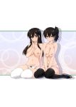  2girls akagi_(kantai_collection) black_hair black_legwear blush breast_squeeze breasts brown_eyes cleavage hair_between_eyes kaga_(kantai_collection) kantai_collection long_hair looking_at_viewer mitarashi_kousei multiple_girls navel nipples panties sandals side_ponytail sitting smile sweatdrop thighhighs underwear wariza white_legwear white_panties yokozuwari 