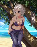  1girl 3: absurdres antenna_hair bangs bare_arms bare_shoulders beach bikini black_pants blue_eyes blue_sky blush breasts cleavage closed_mouth collarbone commentary_request dappled_sunlight dennou_shoujo_youtuber_shiro eyebrows_visible_through_hair feet_out_of_frame frown gibun_(sozoshu) hair_ornament hairclip highres horizon leaning_forward lens_flare looking_away looking_to_the_side medium_breasts navel ocean open_fly open_pants pants purple_bikini shiro_(dennou_shoujo_youtuber_shiro) shirt shirt_removed silver_hair sky solo standing stomach striped sunlight swimsuit tareme tree under_tree undressing unzipped vertical-striped_bikini vertical_stripes virtual_youtuber water white_shirt 