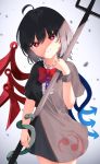  1girl ahoge asymmetrical_wings black_hair bow bowtie bright_pupils cacao_devil commentary_request cowboy_shot gradient gradient_background grey_background hair_between_eyes head_tilt holding_polearm houjuu_nue light_smile looking_at_viewer polearm red_eyes red_neckwear short_hair short_sleeves sidelighting snake solo standing touhou trident weapon white_pupils wings wrist_cuffs 