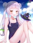  1girl :d artist_name ass bare_arms bare_legs bare_shoulders barefoot black_headwear blue_sky blue_swimsuit blush breasts cloud collarbone commentary_request double_bun glint hair_bun hat highres holding hololive jewelry knees_up long_hair looking_at_viewer murasaki_shion naomi_(fantasia) necklace one-piece_swimsuit open_mouth orange_eyes school_swimsuit silver_hair sky small_breasts smile solo swimsuit thighs twintails v-shaped_eyebrows virtual_youtuber witch_hat 