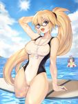  3girls absurdly_long_hair arm_support bikini black-framed_eyewear black_bikini bob_cut breasts closed_eyes cloud cloudy_sky commentary_request competition_swimsuit eyebrows_behind_hair facial_mark fate/grand_order fate_(series) forehead_mark glasses hair_between_eyes high_ponytail highres horns ibaraki_douji_(fate/grand_order) jeanne_d&#039;arc_(fate)_(all) jeanne_d&#039;arc_(swimsuit_archer) large_breasts long_hair multiple_girls ocean one-piece_swimsuit oni oni_horns outdoors pointy_ears ponytail purple_hair short_eyebrows short_hair shuten_douji_(fate/grand_order) sky sookmo sun swimsuit very_long_hair wading water whistle whistle_around_neck white_swimsuit 
