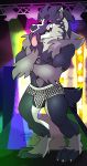  2019 absurd_res anthro black_fur blue_eyes bulge canid canine canis claws clothed clothing concert digital_media_(artwork) fur hair hi_res lights looking_at_viewer male mammal muscular muscular_male mustelid nintendo nipple_piercing nipples obstagoon open_mouth partial_nudity piercing pok&eacute;mon pok&eacute;mon_(species) skull smile solo stage standing sylvanedadeer teeth tongue tongue_out underwear video_games white_fur 
