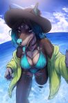  5_fingers anthro bikini blue_hair blue_nose blue_tongue breasts canid canine canis clothed clothing day detailed_background domestic_dog ear_piercing ear_ring female fingers hair hat headgear headwear hi_res looking_at_viewer mammal open_mouth outside partially_submerged piercing purple_eyes sky solo standing stesha_di swimwear teeth tongue water 