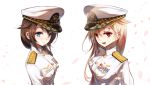  2girls admiral_(kantai_collection) admiral_(kantai_collection)_(cosplay) artist_request blonde_hair blue_eyes breasts brown_eyes cosplay epaulettes female_admiral_(kantai_collection) hair_ornament hairclip hat kantai_collection large_breasts long_hair looking_at_viewer medal military military_uniform multiple_girls peaked_cap petals red_eyes shigure_(kantai_collection) star uniform white_background white_uniform yuudachi_(kantai_collection) 