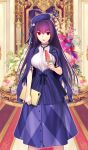  1girl :o beret breasts commentary_request fate/grand_order fate_(series) flower food hair_between_eyes hat heroic_spirit_festival_outfit holding_notebook jacket jacket_on_shoulders koyama_hirokazu large_breasts long_hair looking_at_viewer popsicle purple_hair purple_headwear purple_jacket purple_skirt red_eyes scathach_(fate)_(all) scathach_skadi_(fate/grand_order) shirt skirt solo stethoscope watermelon_bar white_shirt 