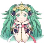  1girl akyuuwuu braid fire_emblem fire_emblem:_three_houses green_eyes green_hair hair_ornament highres long_hair manakete parted_lips pointy_ears simple_background solo sothis_(fire_emblem) tiara twin_braids upper_body white_background 
