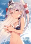  1girl amatsukaze_(kantai_collection) bikini bikini_top black_bikini_top black_choker blue_sky breasts choker cloud collarbone commentary_request cowboy_shot fingers_together groin hair_tubes hat highres kantai_collection long_hair looking_at_viewer mini_hat navel silver_hair sky small_breasts solo swimsuit tahya two_side_up windsock 