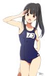  1girl :o arm_up bangs bare_arms bare_shoulders black_hair blue_swimsuit blush breasts brown_eyes chijou_noko chikanoko collarbone commentary_request covered_navel eyebrows_visible_through_hair hand_on_hip head_tilt high_ponytail highres long_hair looking_at_viewer name_tag old_school_swimsuit one-piece_swimsuit open_mouth ponytail ragho_no_erika school_swimsuit sidelocks signature simple_background small_breasts solo standing standing_on_one_leg swimsuit white_background 