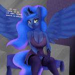 1:1 absurd_res anthro big_breasts blush booponies breasts cleavage clothed clothing equid equine eyeshadow friendship_is_magic gloves hair handwear hi_res horn leggings legwear lineless lingerie long_hair looking_at_viewer makeup mammal my_little_pony princess_luna_(mlp) sitting smile solo text thigh_highs winged_unicorn wings 