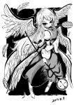  1girl angel_wings arm_belt blackcat_(pixiv) dated dot_nose english_text expressionless eyebrows_visible_through_hair feathered_wings feathers frown greyscale hand_on_own_arm holding_scepter juliet_sleeves long_hair long_sleeves looking_at_viewer monochrome multiple_wings puffy_long_sleeves puffy_sleeves sariel scepter seraph speech_bubble touhou touhou_(pc-98) white_hair wide_sleeves wings 