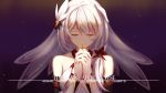  1girl absurdres artist_name bangs bare_shoulders blush breasts character_name cross detached_sleeves dress eyebrows_visible_through_hair facing_viewer hair_between_eyes hair_ornament hands_together highres holding_cross honkai_(series) honkai_impact_3rd light_particles long_hair parted_lips praying sidelocks silver_hair small_breasts solo theresa_apocalypse theresa_apocalypse_(celestial_hymn) upper_body veil xing_muhen 