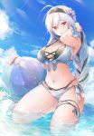  1girl ahoge ball bare_shoulders beachball bikini bikini_under_clothes blue_sky blush braid breasts cleavage cloud daidou_(demitasse) day frown hairband highres kneeling large_breasts long_hair open_mouth outdoors red_eyes scrunchie side-tie_bikini single_braid sky solo swimsuit thigh_strap very_long_hair vocaloid voyakiloid wet white_bikini white_hair wrist_scrunchie yowane_haku 
