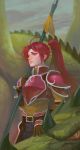  1girl armor dragon fire_emblem fire_emblem:_path_of_radiance gloves jill_(fire_emblem) long_hair polearm ponytail red_eyes red_hair simple_background solo weapon yagaminoue 