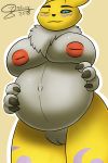  anthro belly big_belly big_breasts breasts canid digimon digimon_(species) female hands_on_belly hi_res igimon j5furry mammal navel neck_tuft pregnant pussy renamon solo tuft 