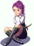  1girl black_footwear black_skirt boots braid braided_ponytail breasts brown_eyes facial_mark fire_emblem fire_emblem:_three_houses fire_emblem_heroes full_body gzo1206 knee_boots knees_up long_hair long_sleeves looking_at_viewer medium_breasts petra_mcnairy purple_hair shirt single_braid sitting skirt smile solo sword weapon white_background white_shirt 