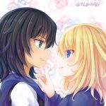  2girls andou_(girls_und_panzer) bangs bc_freedom_school_uniform black_hair black_vest blonde_hair blue_eyes blue_sweater brown_eyes commentary_request dark_skin dress_shirt eyebrows_visible_through_hair finger_to_another&#039;s_mouth finger_to_mouth floral_background from_side frown girls_und_panzer long_sleeves medium_hair messy_hair multiple_girls oshida_(girls_und_panzer) parted_lips school_uniform shirt shushing smile sweater sweater_around_neck twitter_username vest white_shirt yunagi_(arukumaruta) yuri 