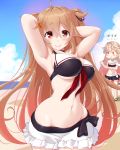  0_0 2girls armpits arms_behind_head beach bikini_skirt black_bikini_bottom blush breasts brown_eyes closed_mouth day dd_(ijigendd) hair_flaps hair_ornament hair_tie hairclip heterochromia highres kantai_collection large_breasts light_brown_hair long_hair looking_at_viewer medium_breasts multiple_girls murasame_(kantai_collection) navel open_mouth outdoors poi red_eyes red_hair remodel_(kantai_collection) smile solo_focus surprised two-tone_swimsuit two_side_up very_long_hair white_bikini_bottom wide_hips yuudachi_(kantai_collection) 