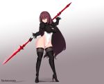  1girl aster_crowley black_dress black_gloves breasts cleavage cleavage_cutout cosplay dress fate/grand_order fate_(series) gae_bolg gloves gradient gradient_background hair_intakes high_heels highres holding holding_weapon leotard nier_(series) nier_automata scathach_(fate)_(all) scathach_(fate/grand_order) solo weapon white_leotard yorha_no._2_type_b yorha_no._2_type_b_(cosplay) 