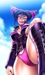  1girl alternate_costume belt belt_boots bikini_bottom black_hair black_nails blue_sky boots breasts chiba_toshirou cleavage drill_hair han_juri jacket knee_up leather leather_jacket licking_lips looking_at_viewer nail_polish open_mouth pink_bikini_bottom purple_eyes sky solo street_fighter street_fighter_v sunlight tongue tongue_out twin_drills uneven_eyes 