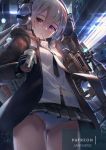  1girl bangs black_coat black_neckwear bolt_action can cheytac_m200 coat collared_shirt cowboy_shot drinking_straw eyebrows_visible_through_hair girls_frontline gloves gun hair_between_eyes headphones highres holding holding_can hooded_coat jacket janyhero looking_at_viewer m200_(girls_frontline) mouth_hold necktie night open_clothes open_coat panties patreon_username pleated_skirt ponytail purple_eyes rifle scope shirt sidelocks silver_hair skirt sniper_rifle solo underwear untucked_shirt weapon white_panties white_shirt 