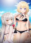  2girls ahoge artist_name back bare_arms bare_shoulders beach bikini black_bikini blonde_hair blue_eyes blue_sky blurry bow braid breasts brown_eyes cleavage cloud cloudy_sky collarbone commentary_request day depth_of_field detached_collar fate/grand_order fate_(series) frilled_bikini frills frown groin hair_bow halter_top halterneck headdress highres jeanne_d&#039;arc_(alter_swimsuit_berserker) jeanne_d&#039;arc_(fate)_(all) jeanne_d&#039;arc_(swimsuit_archer) large_breasts long_hair looking_at_viewer looking_back multiple_girls naomi_(fantasia) navel neck_ribbon ocean outdoors parted_lips ribbon silver_hair single_braid sky smile standing strap_pull swimsuit thigh_gap thighs v-shaped_eyebrows very_long_hair 