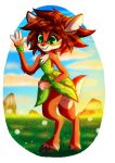  4_fingers absurd_res anthro brown_hair cervid clothed clothing digital_media_(artwork) elora female fingers green_eyes hair hi_res hooves mammal plaguedogs123 smile solo spyro_the_dragon video_games 
