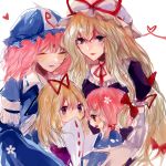  4girls :d arm_garter bangs blonde_hair blue_dress blue_headwear blush bow choker closed_eyes dress elbow_gloves gloves hair_between_eyes hair_bow hair_ribbon hat hat_ribbon heart heart_of_string highres hu_su if_they_mated long_hair long_sleeves looking_at_viewer mob_cap mother_and_daughter multiple_girls open_mouth parted_lips pink_hair profile purple_dress purple_eyes red_bow red_choker red_ribbon ribbon ribbon-trimmed_collar ribbon-trimmed_sleeves ribbon_choker ribbon_trim saigyouji_yuyuko short_hair simple_background smile touhou triangular_headpiece upper_body very_long_hair white_background white_gloves white_headwear wide_sleeves wife_and_wife yakumo_yukari yuri 