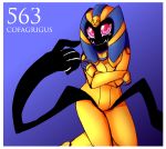  2019 anthro breasts clothing cofagrigus covering covering_breasts digital_media_(artwork) featureless_crotch female ghost headgear hi_res inget kneeling nintendo not_furry pink_eyes pink_sclera pinup pok&eacute;mon pok&eacute;mon_(species) pose simple_background smile solo spirit video_games 