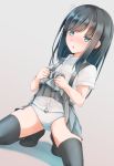  1girl asashio_(kantai_collection) black_hair black_legwear blue_eyes blush buttons collared_shirt comah embarrassed eyebrows_visible_through_hair flat_chest full_body grey_background highres kantai_collection lifted_by_self long_hair looking_at_viewer open_mouth panties pleated_skirt school_uniform shadow shirt short_sleeves simple_background skirt skirt_lift solo spread_legs squatting suspenders thighhighs thighs underwear white_panties white_shirt 
