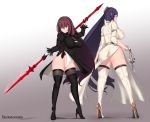  2girls absurdres aster_crowley black_dress black_gloves breasts cleavage cleavage_cutout cosplay dress fate/grand_order fate_(series) gae_bolg gloves hair_intakes high_heels highres holding holding_weapon katana large_breasts leotard long_hair long_sleeves looking_at_viewer minamoto_no_raikou_(fate/grand_order) multiple_girls nier_(series) nier_automata polearm puffy_sleeves purple_hair red_eyes scathach_(fate)_(all) scathach_(fate/grand_order) side_ponytail spear sword thighhighs weapon yorha_infantry_squad_commander yorha_infantry_squad_commander_(cosplay) yorha_no._2_type_b yorha_no._2_type_b_(cosplay) 