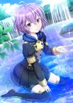  1girl artist_name bernadetta_von_varley boots fire_emblem fire_emblem:_three_houses highres looking_at_viewer nichika_(nitikapo) partially_submerged plant purple_eyes purple_hair school_uniform shorts shorts_under_skirt sitting skirt smile solo thigh_boots thighhighs wariza water water_in_hands 