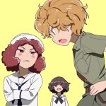  3girls :d akiyama_yukari bangs belt black_neckwear blouse blue_eyes blush_stickers brown_belt brown_eyes brown_hair closed_mouth collared_shirt commentary crossed_arms curly_hair dixie_cup_hat eyebrows_visible_through_hair frown girls_und_panzer glaring green_shirt green_shorts grimace hairstyle_connection half-closed_eyes hat highres kamonohashi_(girls_und_panzer) koala_forest_military_uniform leaning_forward long_sleeves looking_at_viewer messy_hair military_hat multiple_girls navy_blue_neckwear neckerchief onsen_tamago_(hs_egg) ooarai_naval_school_uniform ooarai_school_uniform open_mouth orange_hair red_eyes red_hair rum_(girls_und_panzer) sailor sailor_collar sam_browne_belt school_uniform serafuku shirt short_hair short_sleeves shorts simple_background smile standing v-shaped_eyebrows white_blouse white_headwear yellow_background 